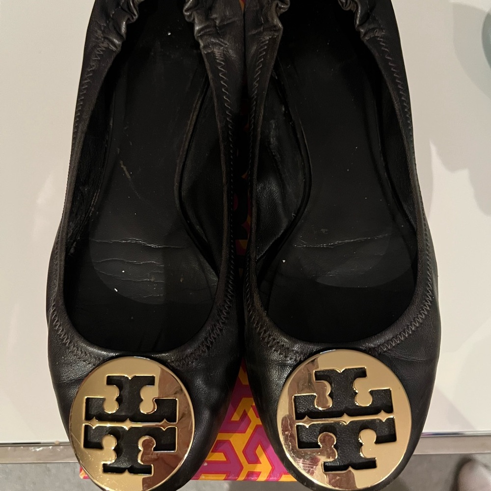 Tory Burch Chocolate Brown Reva Ballerina Flats with Gold Emblem
